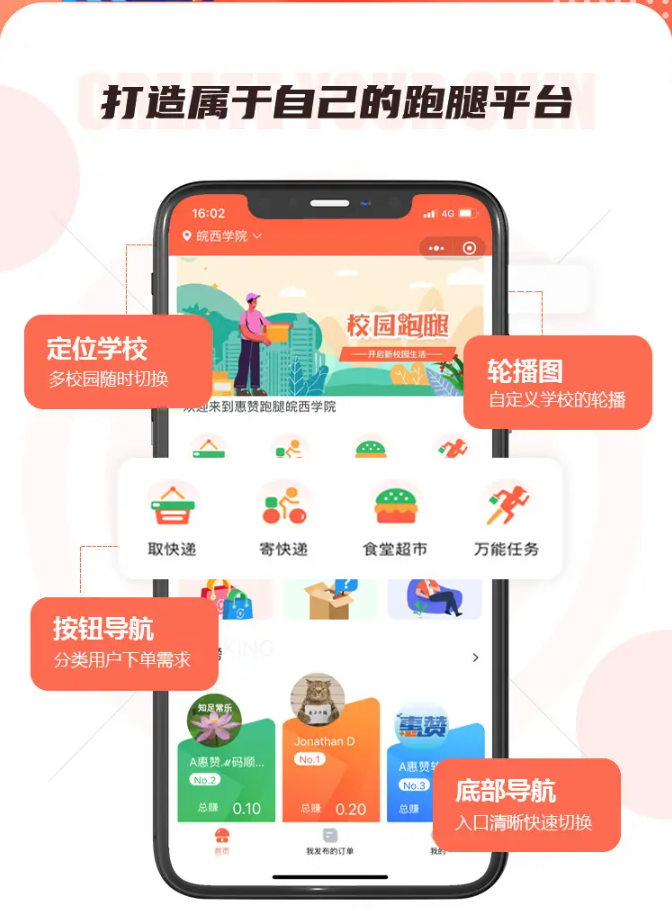 「多校版校园跑腿小程序源码」失物招领/跑腿/二手/圈子/代取全覆盖！插图1_崭新源码